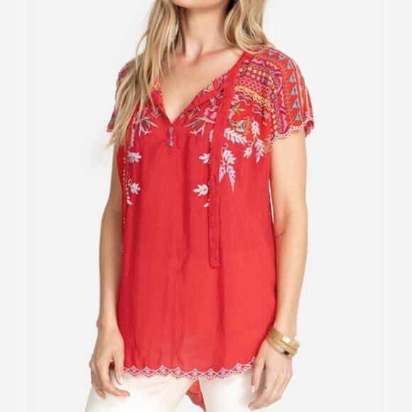 Johnny Was | Lissa Blouse Embroidered Peasant Top Button Tie Neck Popover Size L - Picture 2 of 11